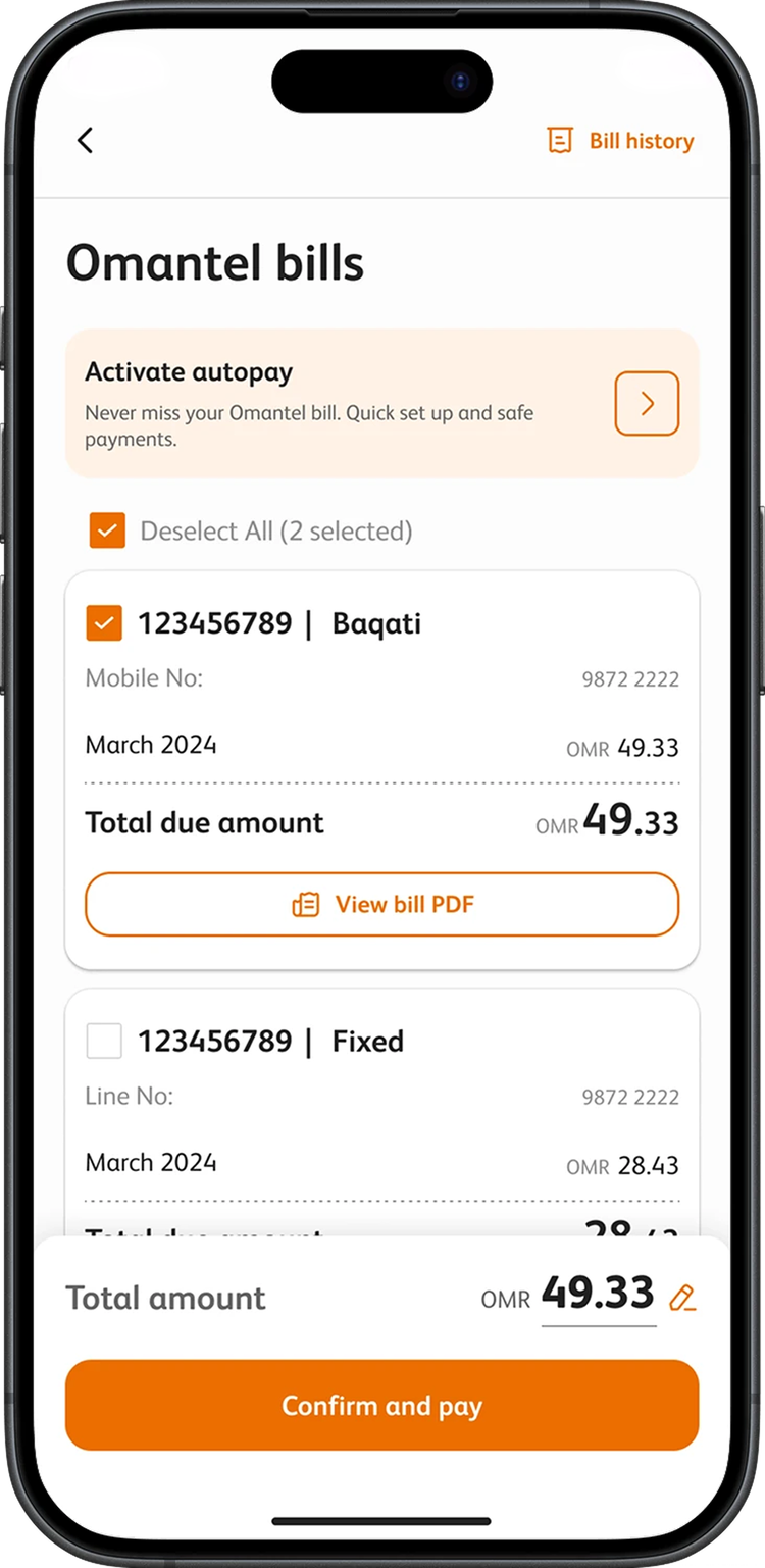 Omantel bills screen: an autopay prompt, two bills with one selected, and a Confirm and pay bar showing OMR 49.33.